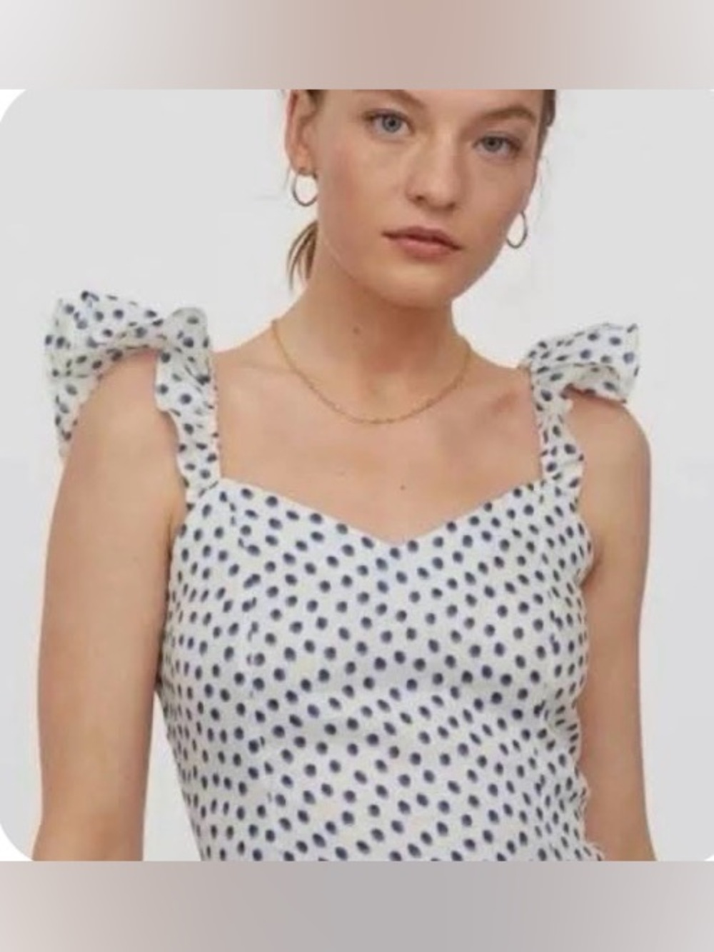100% Linen Polka Dot Ruffle Strap Tank Top